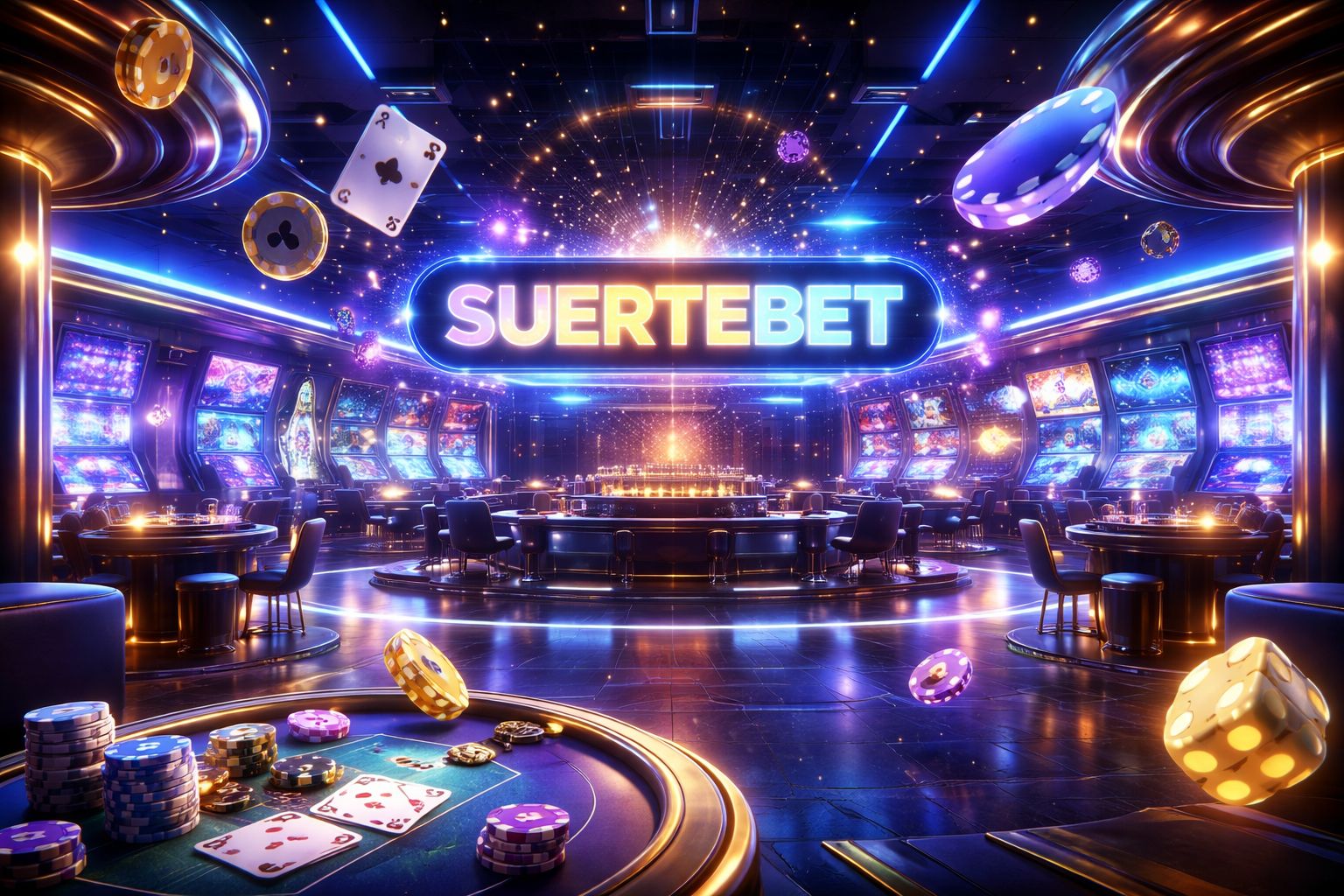 Salón de juegos dinámico SUERTEBET con pantallas iluminadas, cartas, fichas y mesas digitales en un ambiente moderno de casino.