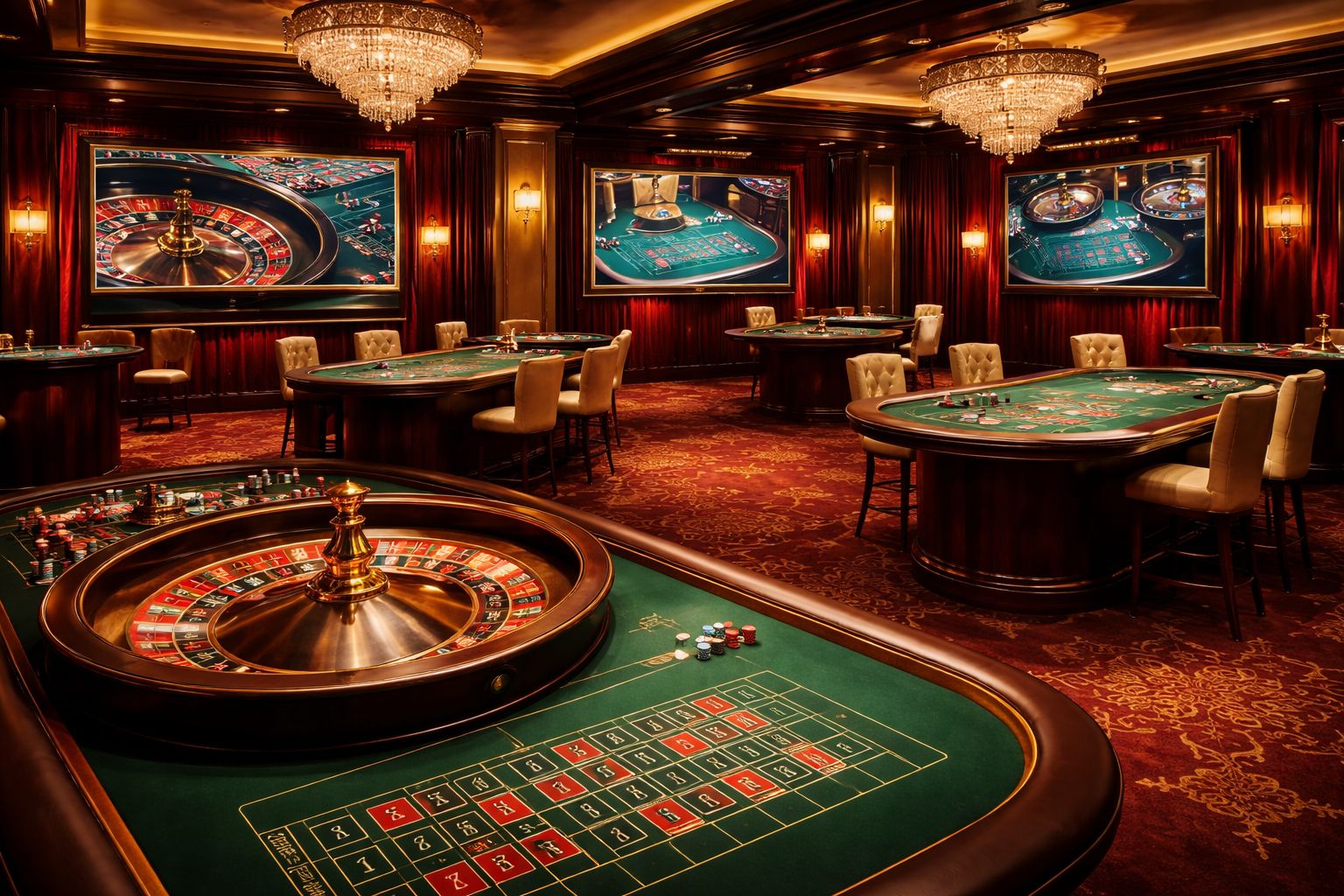 Estudio moderno de crupier en vivo con mesas iluminadas de ruleta y blackjack vistas en un dispositivo móvil en un entorno elegante de juego.
