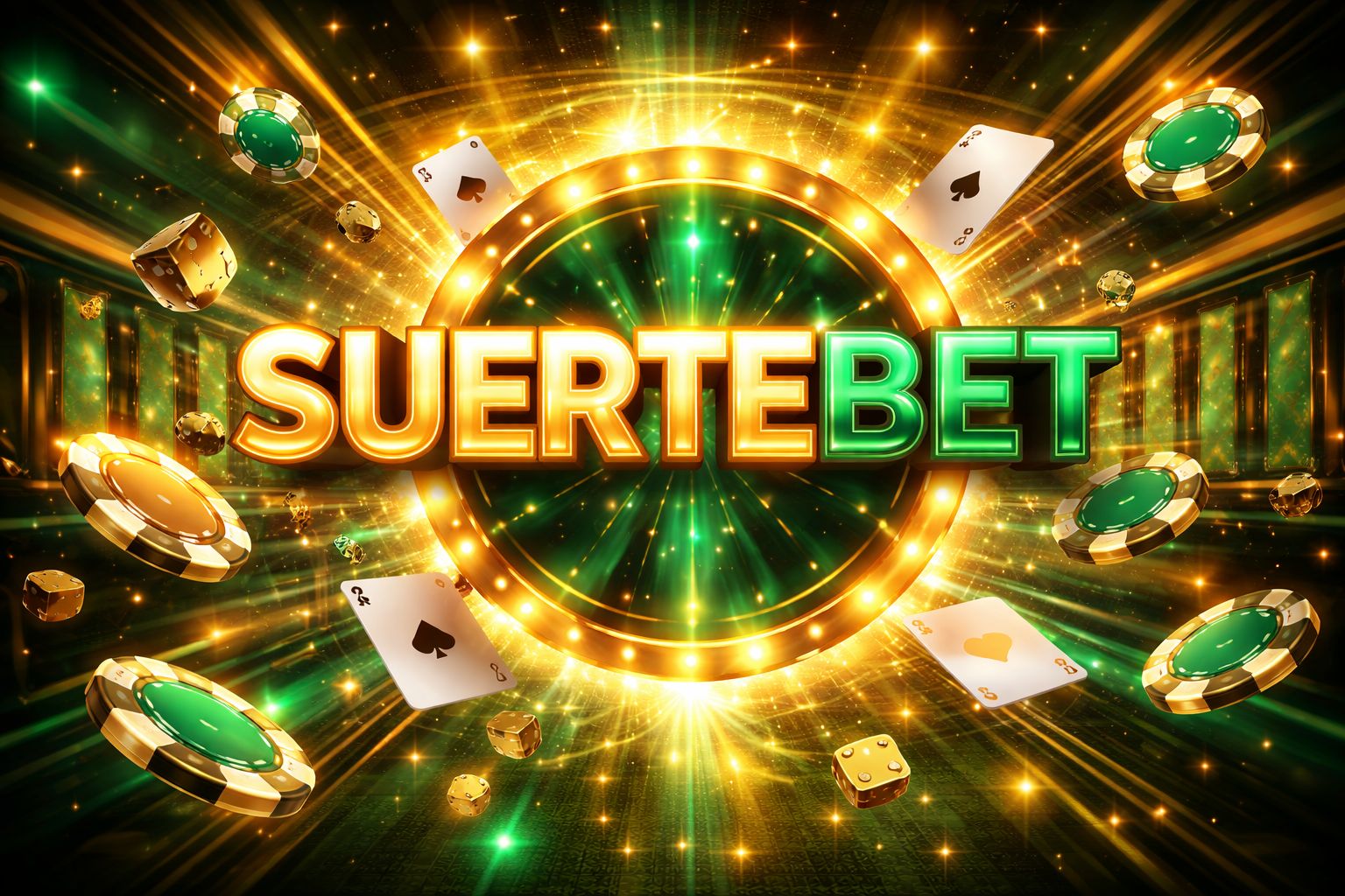 Una vibrante escena digital estilo casino con SUERTEBET mostrado prominentemente, rodeado de cartas, fichas, luces brillantes y energía ganadora.