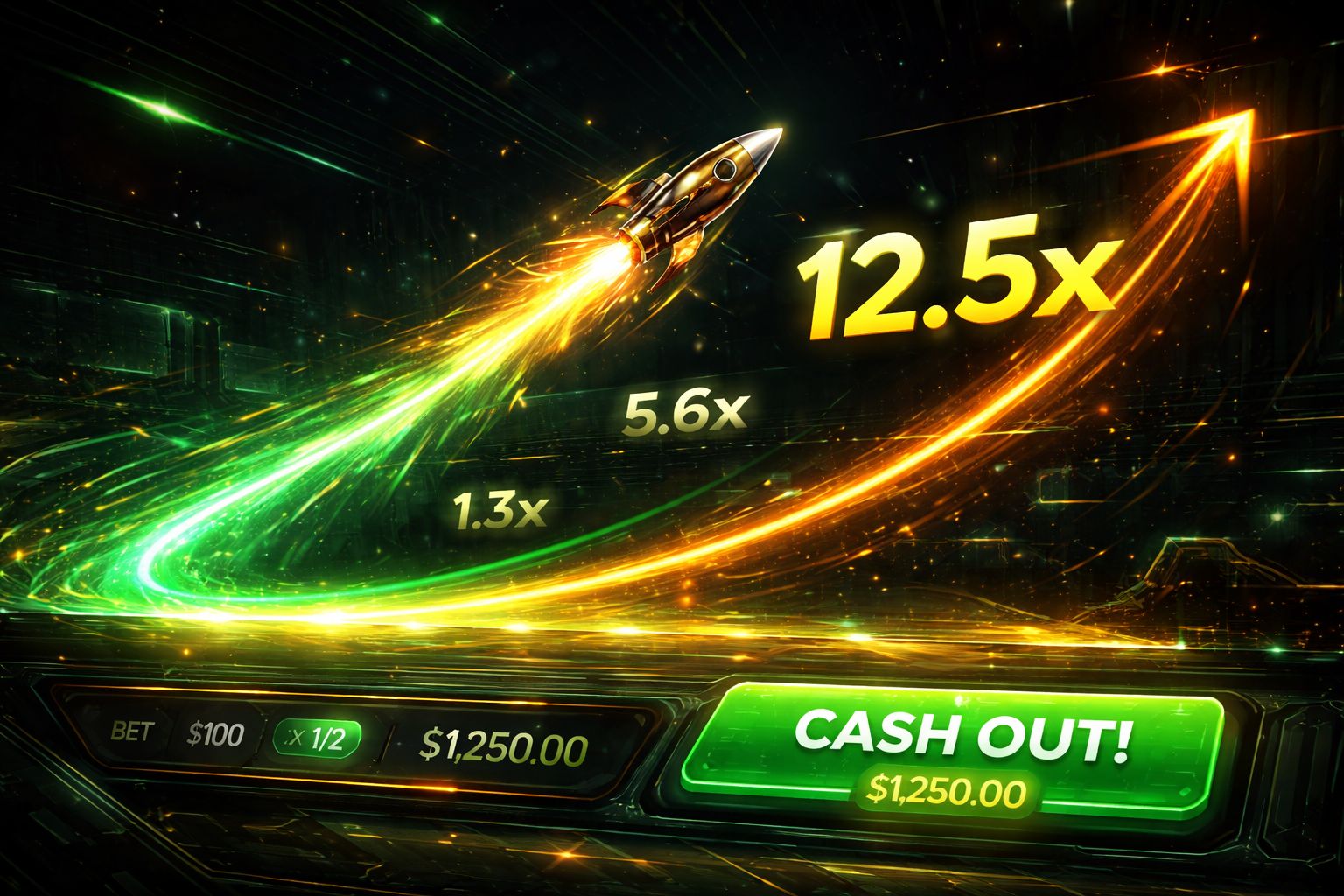 Una interfaz de juego rápida estilo crash con multiplicadores ascendentes, efectos de neón y una atmósfera de alta energía SUERTEBET.