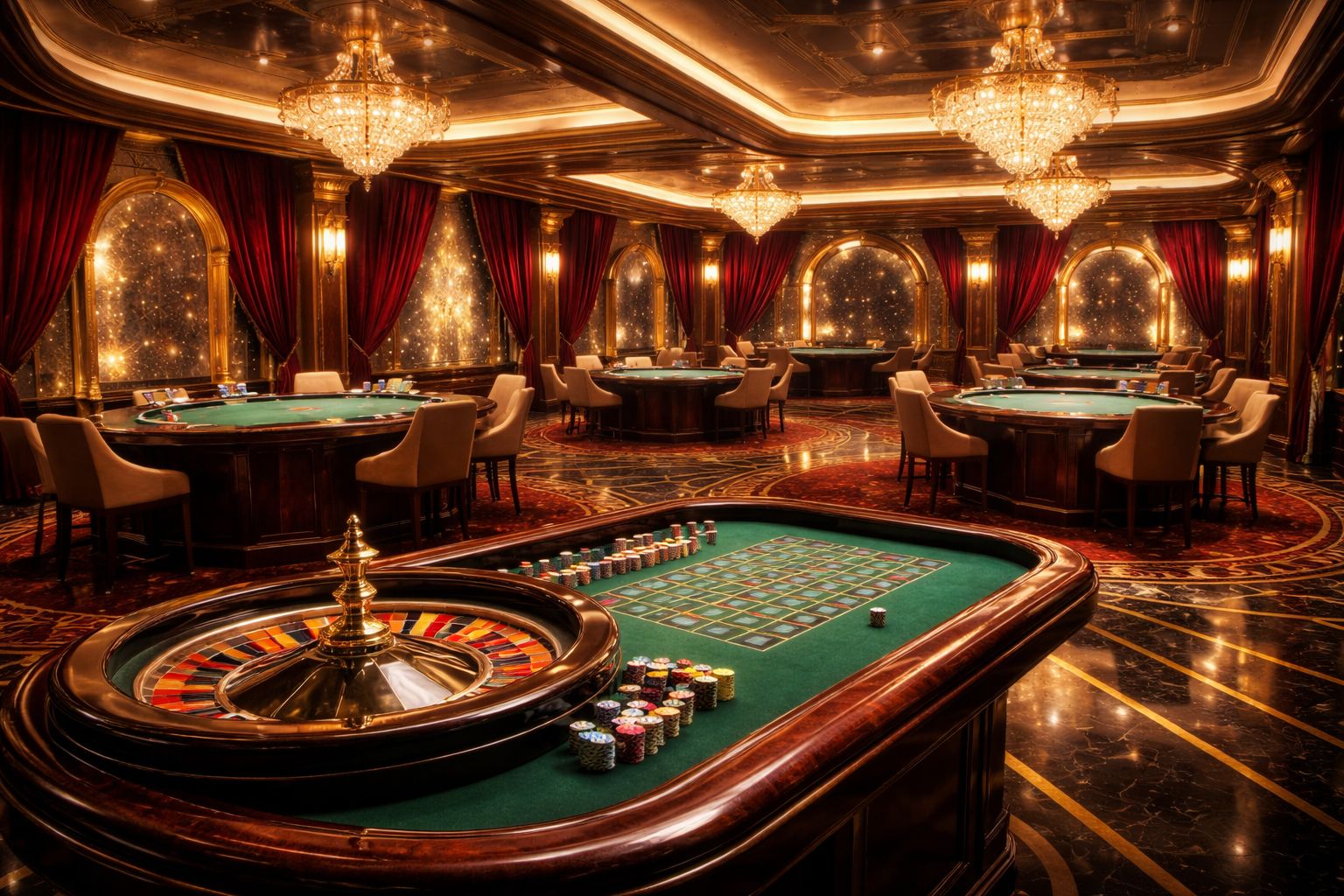 Una escena premium de estudio de casino en vivo con mesas de ruleta y blackjack en un entorno digital elegante para SUERTEBET.