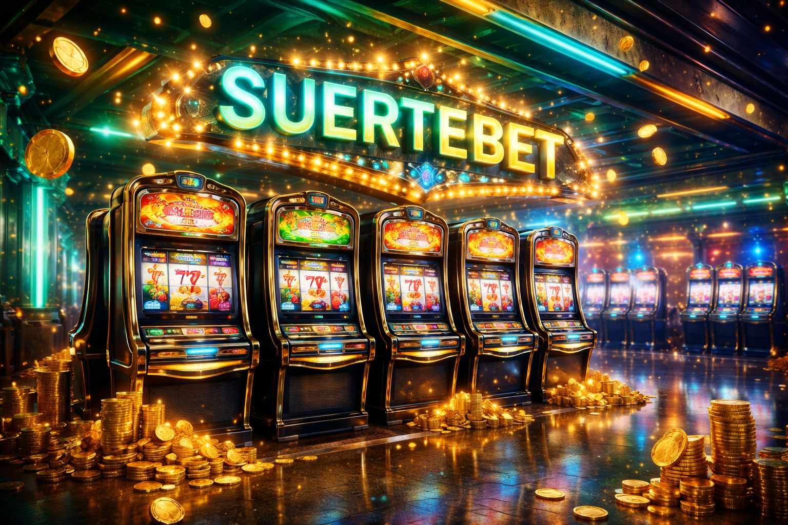 Vestíbulo de tragamonedas SUERTEBET con carretes brillantes y diseño estilo casino